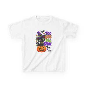 Kids Halloween Tee — "Too Cute to Spook" Black Cat Pumpkin Design