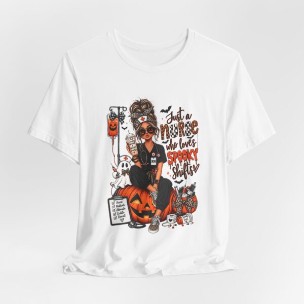 16956457800771379512_2048.jpeg Halloween Nurse T-Shirt — "Just a Nurse Who Loves Spooky Shift(s)" Graphic Tee