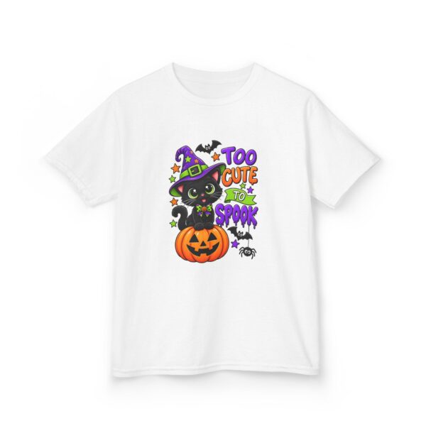17998184467675868383_2048.jpeg Kids Halloween Tee — "Too Cute to Spook" Black Cat Pumpkin Design