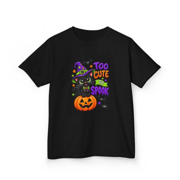 4486912955146475741_2048.jpeg Kids Halloween Tee — "Too Cute to Spook" Black Cat Pumpkin Design