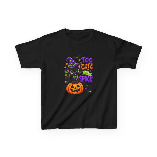 9476844353942697538_2048.jpeg Kids Halloween Tee — "Too Cute to Spook" Black Cat Pumpkin Design