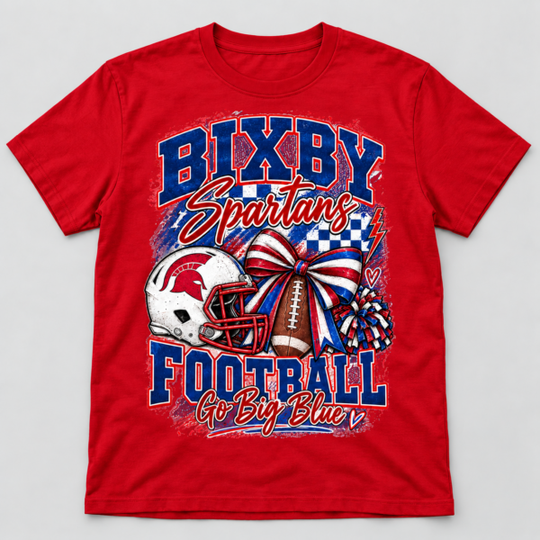 Bixby-Spartans-Red-T-Shirt Bixby Spartans Football Go Big Blue graphic on a red T-shirt