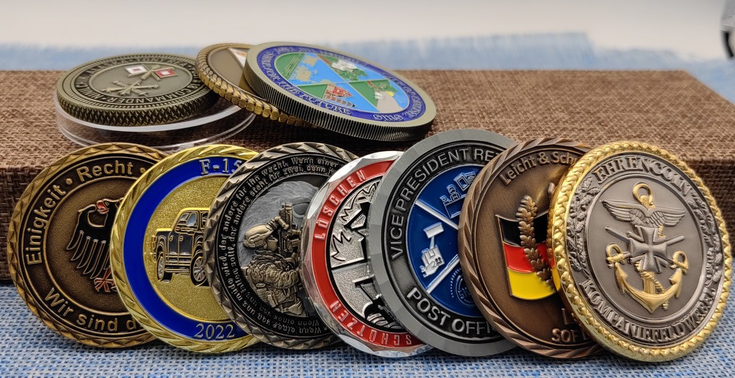 Custom challenge coin styles with enamel and dimensional metal details