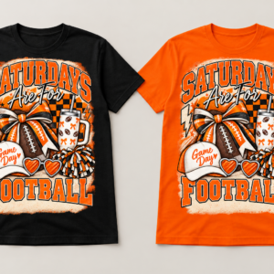 Orange and black Saturdays Are For Football graphic on black and orange T-shirts
