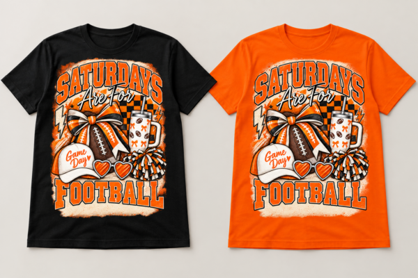 Oklahoma-State-Black-and-Orange-Tshirt-Preview Orange and black Saturdays Are For Football graphic on black and orange T-shirts