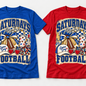 Blue gold and red Saturdays Are For Football graphic on royal blue and red T-shirts