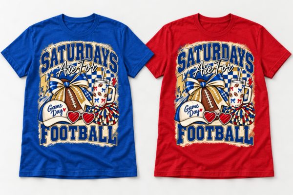Tulsa-Royal-Blue-and-Red-Tshirt-Preview Blue gold and red Saturdays Are For Football graphic on royal blue and red T-shirts